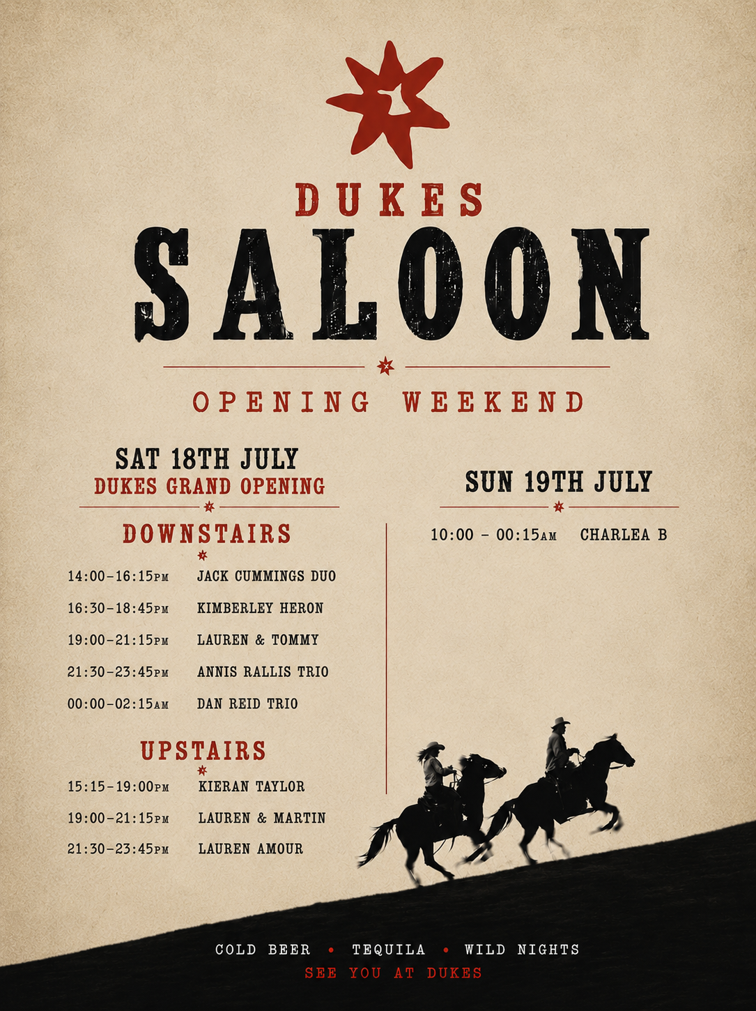 Duke's Saloon Opening Weekend poster with live music lineup